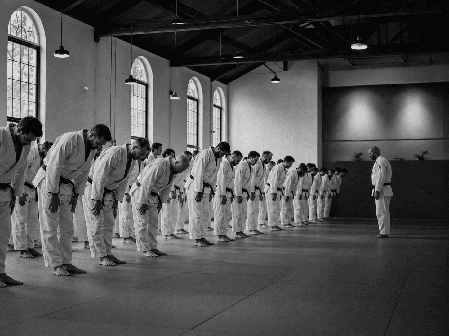 Alunos de uma academia Checkmat enfileirados no tatame